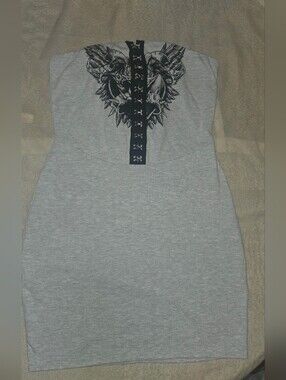 Fashion Nova Grey Strapless Bodycon Dress with Black Back Graphic